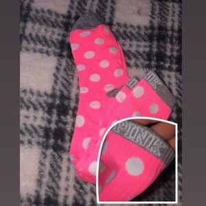 VS PINK bright pink and white dots knee high socks